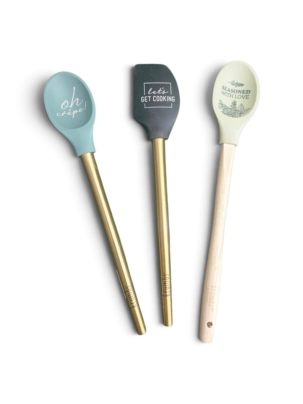 Krumbs Kitchen Elements Silicone Kitchen Spoon & Spatula Set Gold & Wood Handled